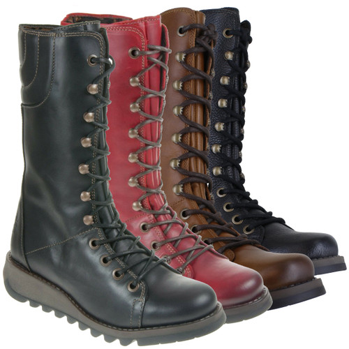 Fly London STER Womens Zip-Up Lace Wedge Leather Mid Calf Boots