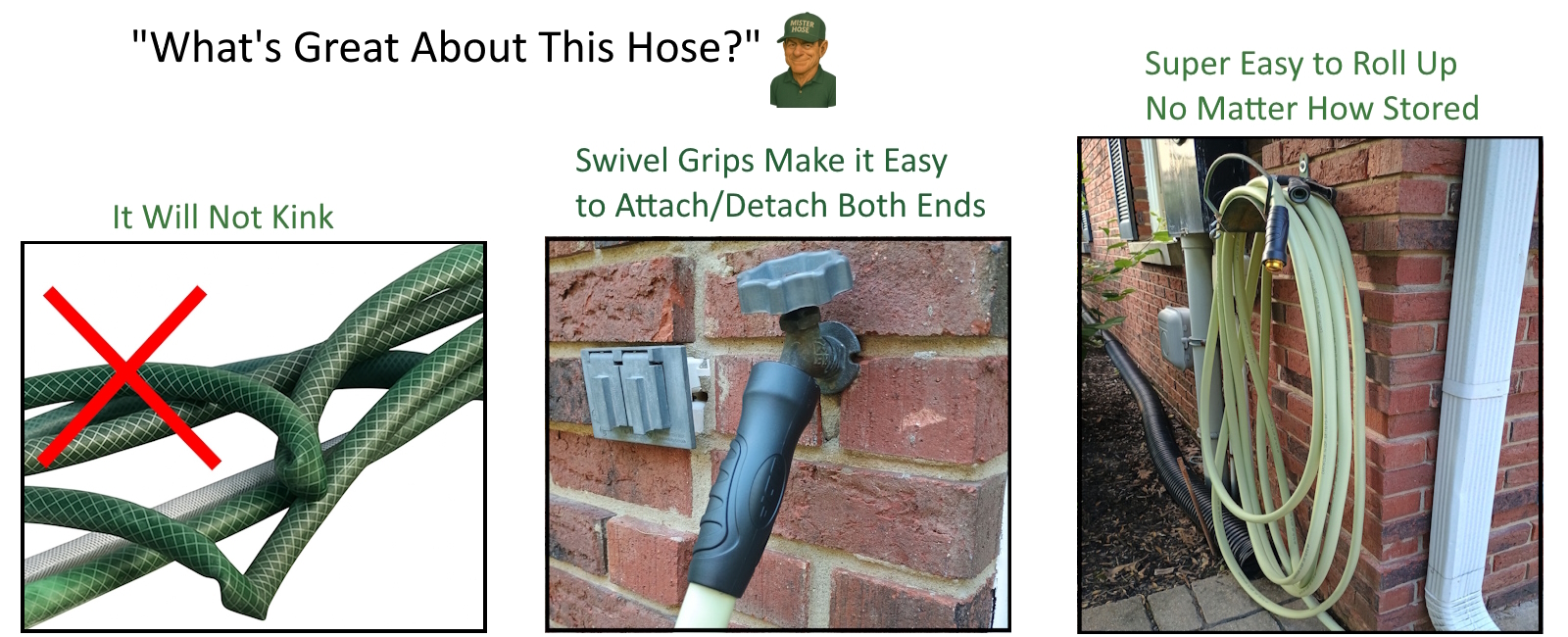 Mister Hose kink-free garden hose with swivel grips and easy to roll up