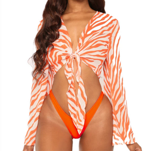 Summer Mesh Printed Bathing Suit Thong Bikini Set 3 Piece Swimsuit Women