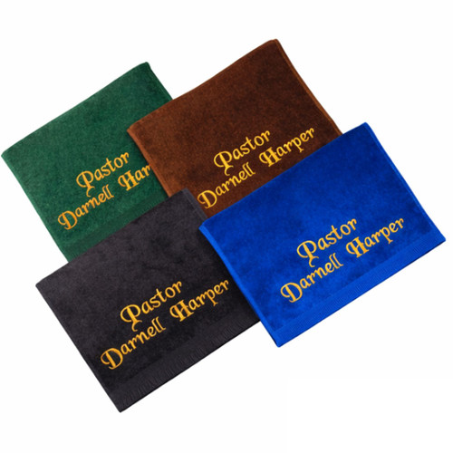 Custom name and title pastor towel embroidered in red and white with personalized church design
