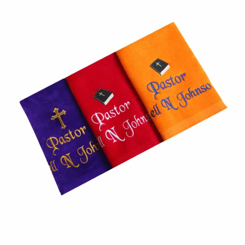 Personalized pastor towels embroidered with custom name and title and optional religious symbols in multiple colors