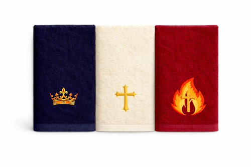 Logo-only pastor towels with embroidered religious symbols and hemmed edges available in multiple colors