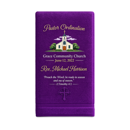 Honor a pastor’s calling with a custom ordination towel personalized with church name, date, pastor’s name, and scripture. A meaningful keepsake for ordination