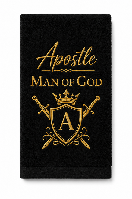 Short Alt Text:

Black Apostle Man of God towel with gold embroidered royal crest, crown, crossed swords, and premium ministry design.