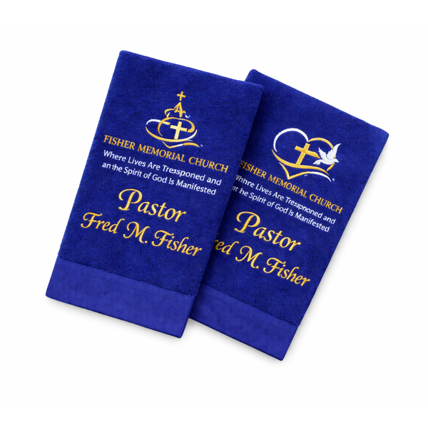 Custom pastor towels featuring embroidered church logo and ministry design, available in multiple colors with premium stitching and hemmed edges.