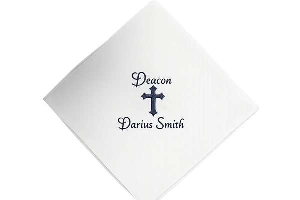 A premium white personalized clergy handkerchief embroidered with the title   The handkerchief is professionally displayed on a clean background, highlighting the elegant embroidery and custom personalization. Perfect for pastors, deacons, ministers, and church leaders.