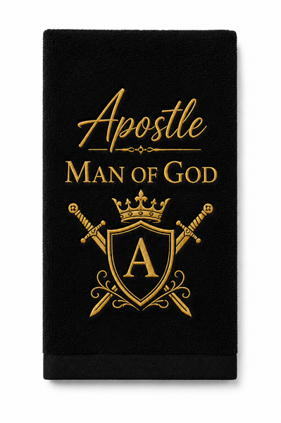 Short Alt Text:

Black Apostle Man of God towel with gold embroidered royal crest, crown, crossed swords, and premium ministry design.