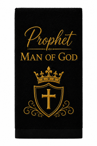 Elegant black pastor towel featuring luxurious gold embroidery with the title "Prophet Man of God," a personalized name, royal crown, and cross shield emblem. Crafted from premium cotton velour, this custom ministry towel is ideal for prophets, church leaders, ordination services, pastor appreciation gifts, and special ministry occasions.