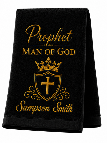 Custom embroidered Prophet Man of God towel. This personalized ministry towel is crafted from premium cotton velour and makes a meaningful gift for Prophets, church leaders, and faithful men of God.