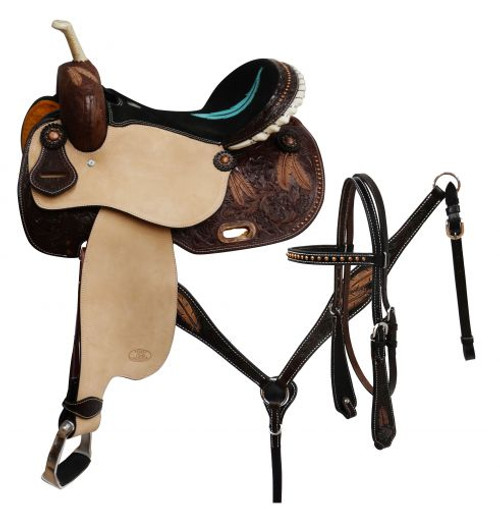 14" 15" 16" Circle S Barrel Saddle Set with Feather Tooling