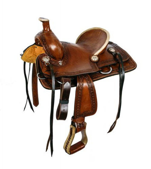 12"Double T hard seat roper style saddle with Aztec design tooling. 