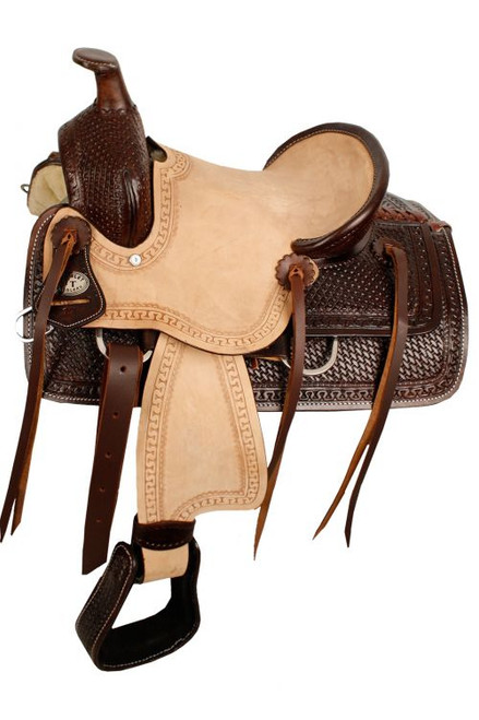 12" Double T Hard Seat Roper Style Saddle with Basket Weave Tooling