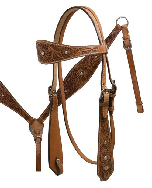 Double Stitched Leather Headstall with Floral Tooling