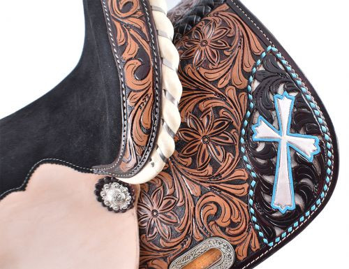 13" Double T  Barrel Style Saddle with Hand Painted Cross Design