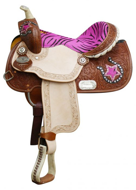 13" Double T Youth/ Pony Saddle with Hair On Zebra Print Seat and Horse Shoe and Star Accents