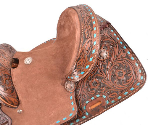 12" Double T  Youth Hard Seat Barrel Style Saddle with Turquoise Buckstitch Trim