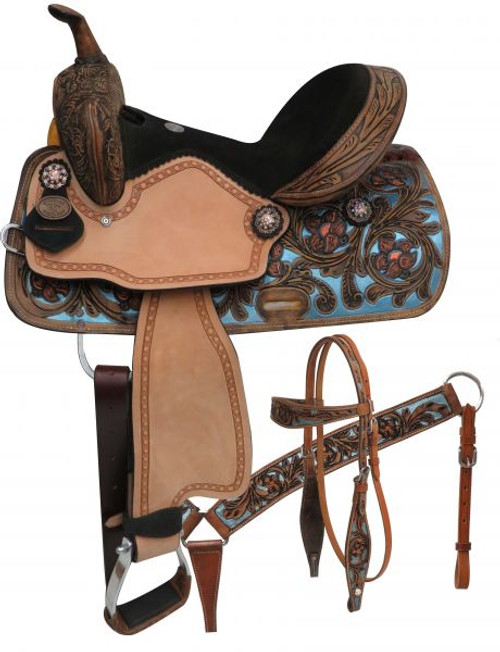 Double T  Barrel Style Saddle Set with Metallic Blue Painted Inlay