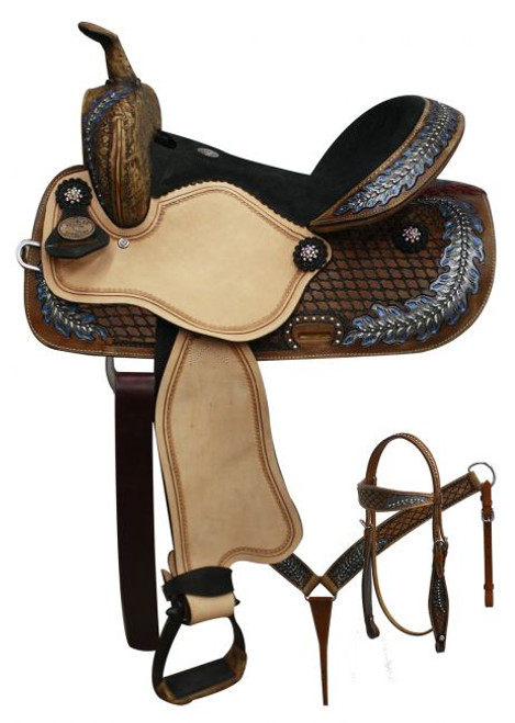 Double T  Barrel Style Saddle with Oak Leaf Tooled Design