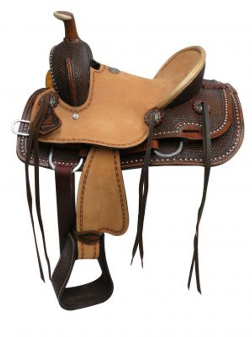 Double T Youth Hard Seat Roper Style Saddle with Basket Tooled Leather