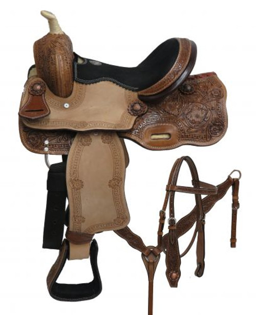 12" Double T Pony Saddle Set with Floral Tooling
