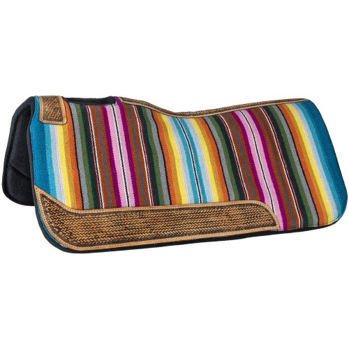 
26 x 26 Saddle Pad
This hand woven wool pad features a bright serape design on top of a 3/4 inch thick moisture-wicking felt bottom. It comes accented with antique-finished wear leathers and a hand-tooled woven design. The contour shape fits comfortably on your horse's back comfortable.