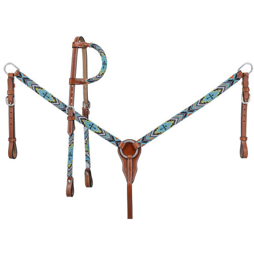 SKU 45-7050-0-0
62
In Stock
This premium leather tack set includes a matching breast collar and a single ear headstall. The intricate hand-beaded wrap features bold tribal arrow and cross designs on a beautiful turquoise background. This set is complete with durable stainless steel hardware and screw bit ends.