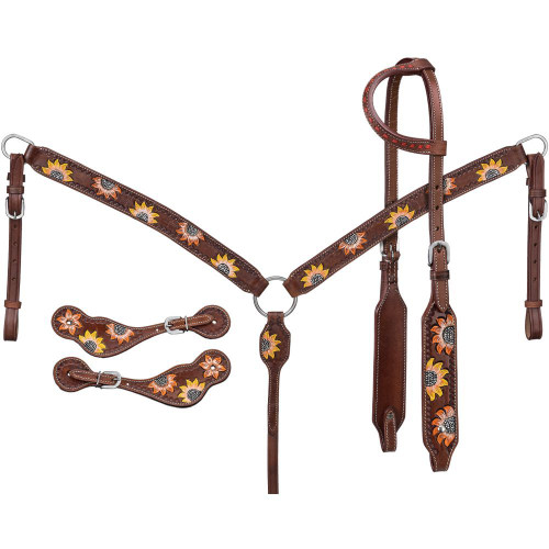 SKU 90-5660-32-0
79
In Stock
Stand out in the group with this cheerful sunflower tack set. Vibrant orange and yellow sunflower design with small leather stamped accents. This set features stainless steel hardware and orange buckstitch on ear. Set includes breastcollar, single ear wide cheek headstall, and suede lined spur straps.