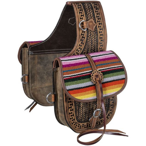 The perfect sized bag to keep all of your must-haves close at hand during a day trip on the trails! It features a gorgeous hand-stamped woven design with serpentine edge and a bright wool serape pocket accent. Comes complete with adjustable buckle closure pockets with magnetic snaps for easy opening and closing. Four dee-rings make securing this bag to your saddle easy.
9" x 8 1/4" pockets, 3" gussets