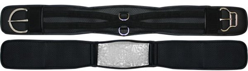 Showman ® non-slip waffle neoprene girth with gel center. Features PVC neoprene poly/nylon reinforced outer shell with stainless steel buckle on off end and stainless steel double roller buckle on near side for easy and quick girth attachment. Made by  Showman ® products.