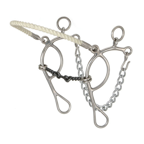 Double jointed dogbone snaffle bit with durable stainless steel sliding cheeks for a gag action. 

The 3-piece sweet iron twisted mouthpiece offers the horse a sweeter taste to promote salivation and lift.

Complete with rope nose for hackamore action and a curb chain for added control. (Please note: sweet iron is designed to rust)

Stainless steel cheeks
3-piece dogbone mouthpiece
Twisted sweet iron bars
Hackamore and gag action
Rope nose
Includes curb chain

5 inch mouthpiece 7 1/2 inch cheeks  3/4 x 1 1/4 rein ring 10 inch rope nose 10 inch curb chain

The severity of a bit or hackamore is influenced by rein control of the rider and sensitivity of the horse.
All riders should seek an equine professional that they trust when selecting a new bit, as every horse’s needs are unique.