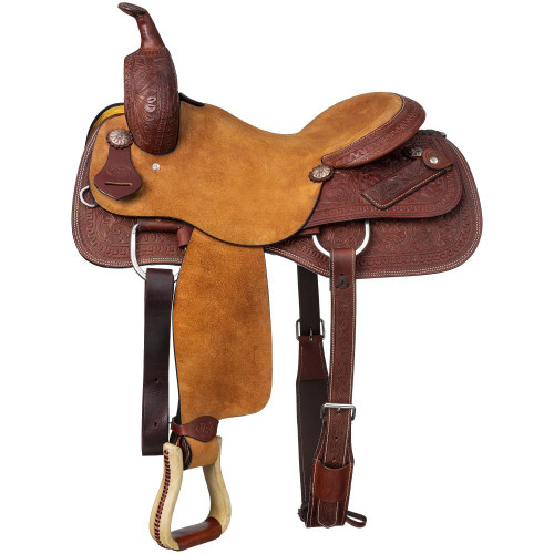 Silver Royal Canyon Ranch Cutting Saddle is built for everyday riding.

Combining hand carved floral stamped oiled leather with durable scuff resistant roughout fender/jockey.

Features include Tough1 Quick Change stirrup buckles, rawhide stirrups and hoof pick holder.

Scuff resistant oiled/roughout leather finish
cutaway for close contact
Rawhide stirrups
Tough1 Quick Change stirrup buckles

Weight 35 lbs.
Bars Full Quarter
Horn 3 "
Swell 13"
Gullet 7 1/2"
Cantle 2 1/2 "
Skirt 27" x 30"
Color Medium Oil