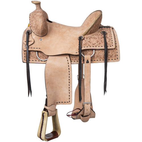 This roughout roping saddle is built on a strong rawhide wrapped fiberglass tree with a deep seat for extra security.

It features beautiful hand carved floral tooling on skirt and pommel with bold buckstitching trim accents and engraved silver conchos.

This saddle has stainless drop d rigging, Tough1 quick change stirrup buckles, leather laced rawhide roping stirrups, and a rear cinch.

Quarter horse style bars to fit most horses.

Package includes browband headstall, cotton roping reins, acrylic blend saddle blanket, and a girth.

Roughout
Beautiful carved floral patterns
Rawhide wrapped stirrups
Long saddle strings
Drop d rigging
Rawhide wrapped fiberglass tree
Includes rear cinch

Horn: 3", Swell: 12", Gullet: 7 1/2", Cantle: 5", Skirt: 25" x 27", Weight: 27lbs (measurements vary with saddle size)