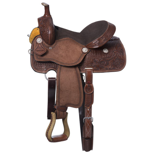 Looking for a saddle that can take you anywhere?

Look no further!

The Jackpot All Around Saddle is built on a strong rawhide wrapped fiberglass tree with quarter horse bars.

This saddle features a padded suede seat and roughout jockeys and fenders to keep you secure and comfortable from the trail to the show pen.

Beautiful floral hand tooling and border tooling throughout.

Complete with Tough1 quick change stirrup buckles, leather laced rawhide covered stirrups, back cinch, and in-skirt drop-D rigging.

Package includes browband headstall, cotton roping reins, wool blend saddle blanket, and a girth.



Dark oil leather
Rawhide wrapped fiberglass tree
Roughout fenders and jockeys
Floral hand tooling
In-skirt rigging
Off billet, tie strap, rear billet straps, and rear cinch included


Horn: 3 1/2", Swell: 15", Gullet: 8", Cantle: 4 1/2", Skirt: 25" x 25", Weight: 25lbs (measurements vary with saddle size)