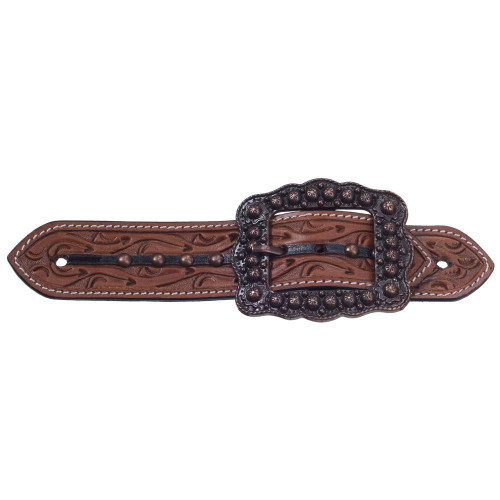 The Cooper spur strap features richly tooled medium oil leather that is accented with a black center line and burnished copper spots.

The belt-style design offers a more modern look.

Complete with large square antiqued buckle with intricate details.

Sold as a pair.

Medium oil leather
Tooled designs
Copper spot accents
Large antiqued buckle
Belt-style design

Adjusts 3 1/2"-4 1/2" long. 1 3/4" wide.