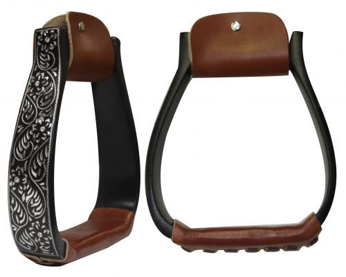 Showman ® Black Aluminum Engraved Stirrups. These stirrups feature 5" wide with 1.5" tread. Black aluminum with floral engravings on outside are accented with crystal rhinestone inlay. Medium color leather tread. Made by  Showman ® products. 
Lazy Oak Equine / Kentucky /  https://www.lazyoakequine.com 270-459-2794