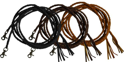 Leather braided split reins with scissor snap ends. 6.5 ft long. https://www.lazyoakequine.com 270-459-2794