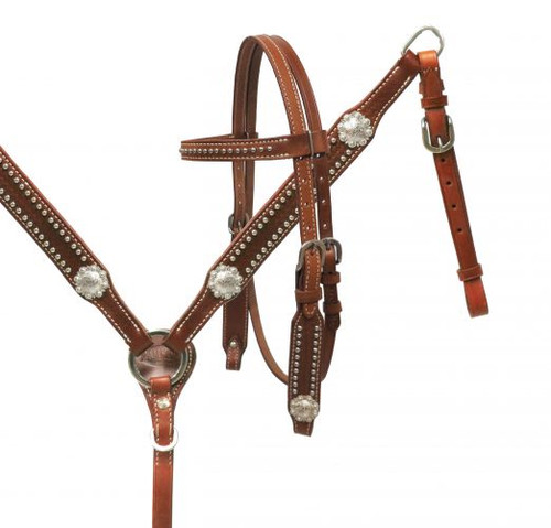Showman ® PONY headstall and breast collar set with silver conchos.  This set features double stitched leather with a basket weave tooling and is accented with silver studs and engraved silver conchos. Headstall comes with 5/7' x 6ft reins.

Headstall adjusts 29" to 35" bit loop to bit loop. Breast collar measures 14" from center ring to top ring. Reins are 5/8" x 6'.  @ https://www.lazyoakequine.com
