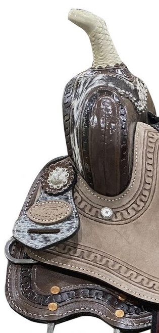 DOUBLE T 13" Youth barrel saddle with hair on cowhide inlay