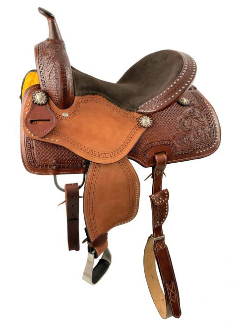 15" Barrel style western saddle with suede seat and silver dots