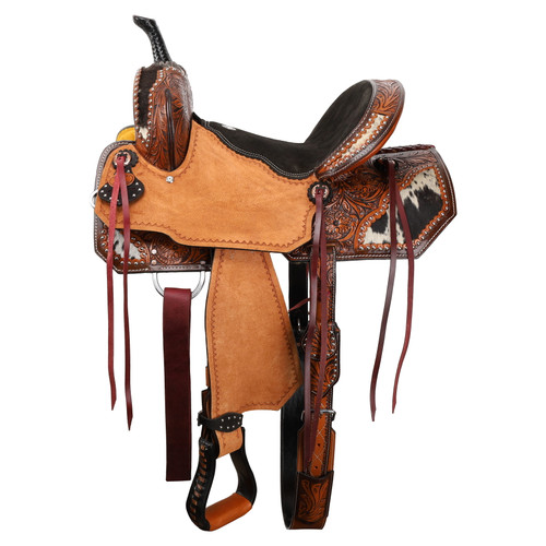 Step into the saddle with bold western flair and unbeatable function! The Double T® Wildhide Series Alma Barrel Style Saddle in a 15" seat is where rugged performance meets rustic beauty—built for riders who love to turn and burn in serious style.

This saddle is a true showstopper with its natural oiled roughout jockeys and fenders, giving you extra grip during those sharp turns and fast runs. The medium oiled floral tooled pommel, cantle, and skirts bring classic artistry to your ride, while the cowhide inlay panels add a wild and rustic twist that’s as unique as your horse.

The black suede seat offers a secure, cushioned ride, while the leather padded stirrups keep your feet comfortable from the first gate to the final stretch. Topped off with slotted conchos, silver stud accents, and saddle strings for attaching gear, this saddle is built to look great and ride even better.

And when you’re headed out for long hours in the saddle, the knife holder in the back rigging ensures you’re always trail-prepared. Whether it’s barrels, trails, or training, the Alma has you covered in both performance and style.
Lazy Oak Equine https://www.lazyoakequine.com 270-459-2794