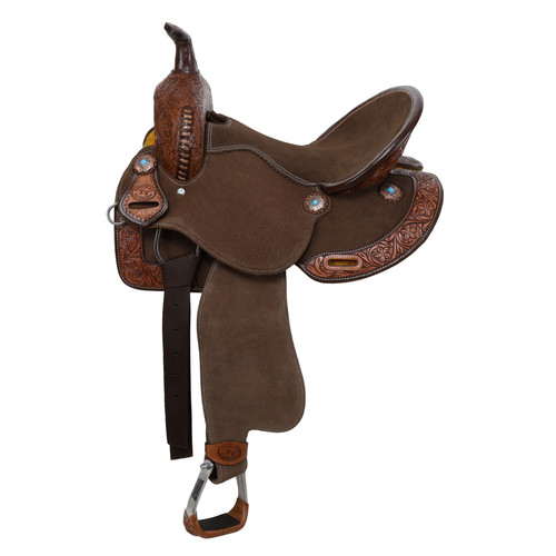 The Double T® Kassidy Spinal Relief Barrel Style Saddle combines functionality, comfort, and striking Western style. Made with premium chocolate roughout suede leather, this saddle provides superior grip and durability, ideal for barrel racing and competitive riding. The chocolate leather accents on the skirt, pommel, and cantle are adorned with medium oiled floral tooling, giving the saddle an elegant and refined appearance.

The spinal relief contoured skirt is designed to provide complete relief along your horse's spine, ensuring comfort and preventing spine-related injuries. Eye-catching copper conchos with diamond-shaped turquoise centers add a touch of unique style to the saddle. Equipped with lightweight aluminum stirrups featuring leather treads, this saddle offers enhanced stability and rider comfort. It also includes a nylon tie strap and off billet, ensuring you're ready for any adventure. Lazy Oak Equine 270-459-2794