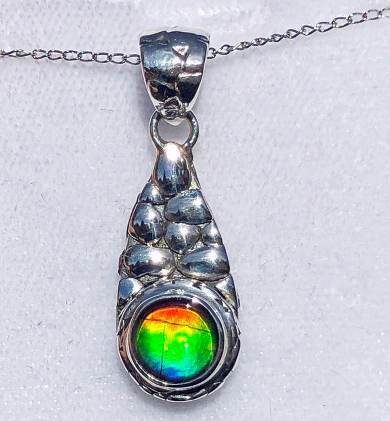 Ammolite Round Sterling Silver Slide Pendant Necklace 107SP