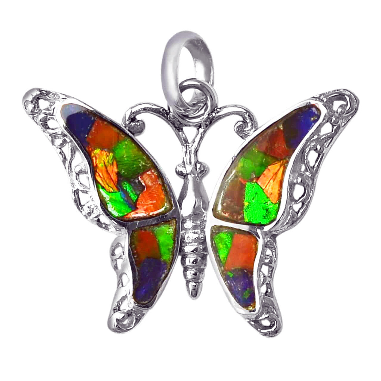 Ammolite Mosaic and Sterling Silver Butterfly Pendant