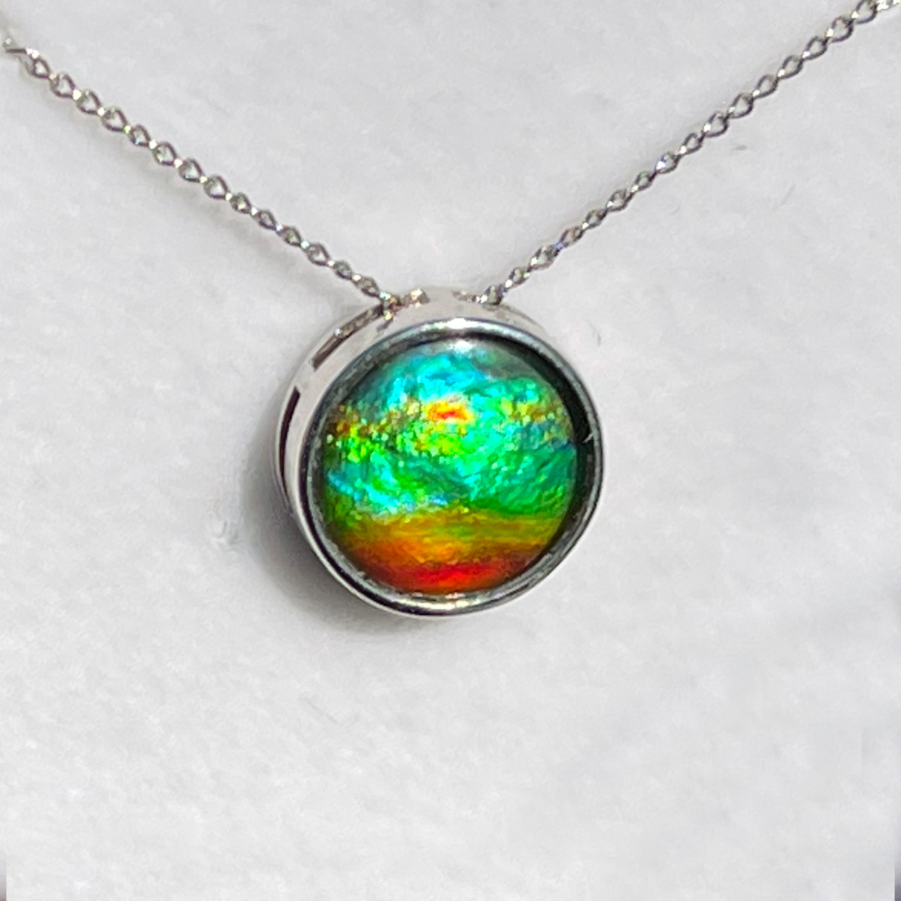 Ammolite Round Sterling Silver Slide Pendant Necklace 99SP