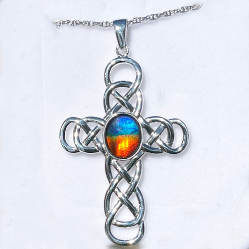 Ammolite Celtic Cross Sterling Silver Necklace Pendant