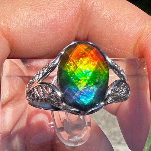 Ammolite Faceted Oval Filagree Ring Sterling Silver 14x10mm