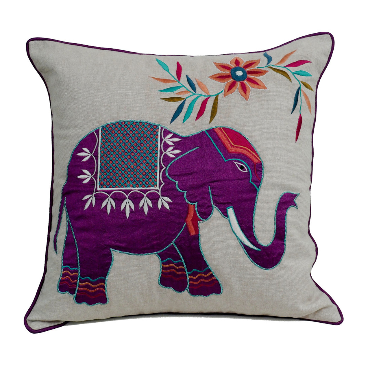 Embroidered Elephant Cushion Purple - Fair Trade | Present Company