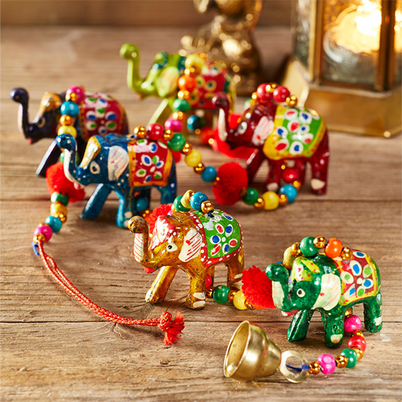 String of 3 Elephants with Beads and Bells - Fair Trade