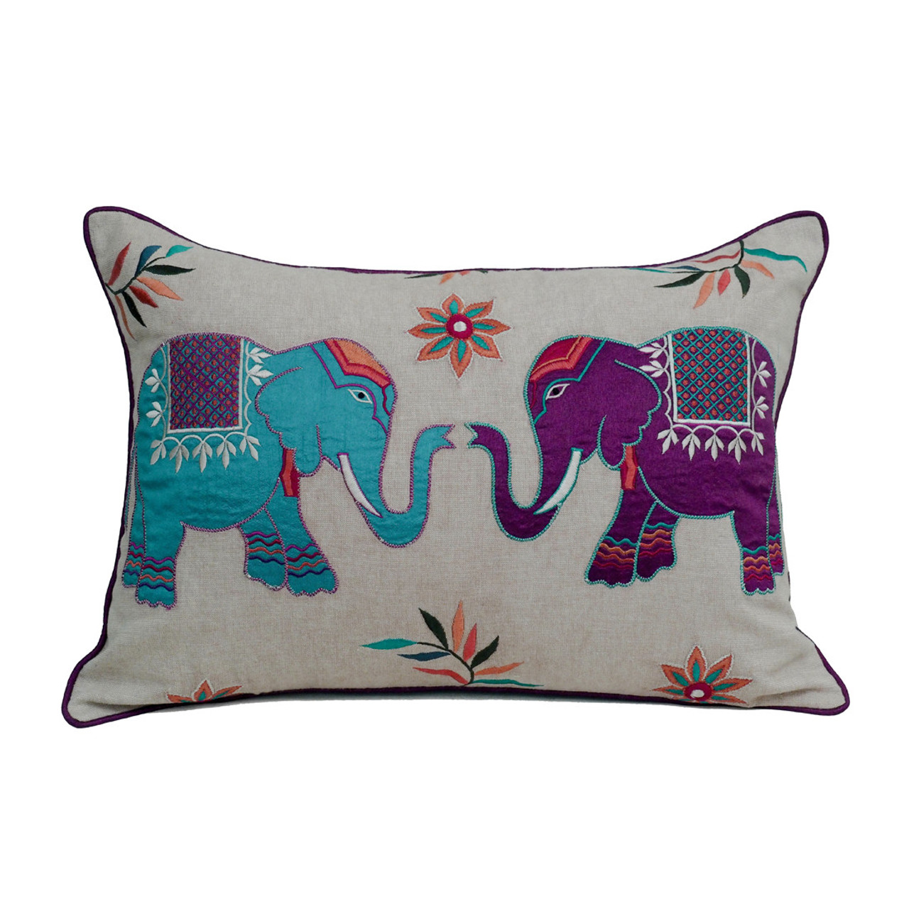 Teal/Purple Embroidered Elephant Cushion Cover - Fair Trade | Present ...