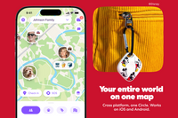 Life360 app map screen showing family members' and a dog's live locations, next to a white Mickey Mouse-themed Life360 Tile tracker clipped to a yellow corduroy jacket. Text: Your entire world on one map. Cross platform, one Circle. Works on iOS and Android.